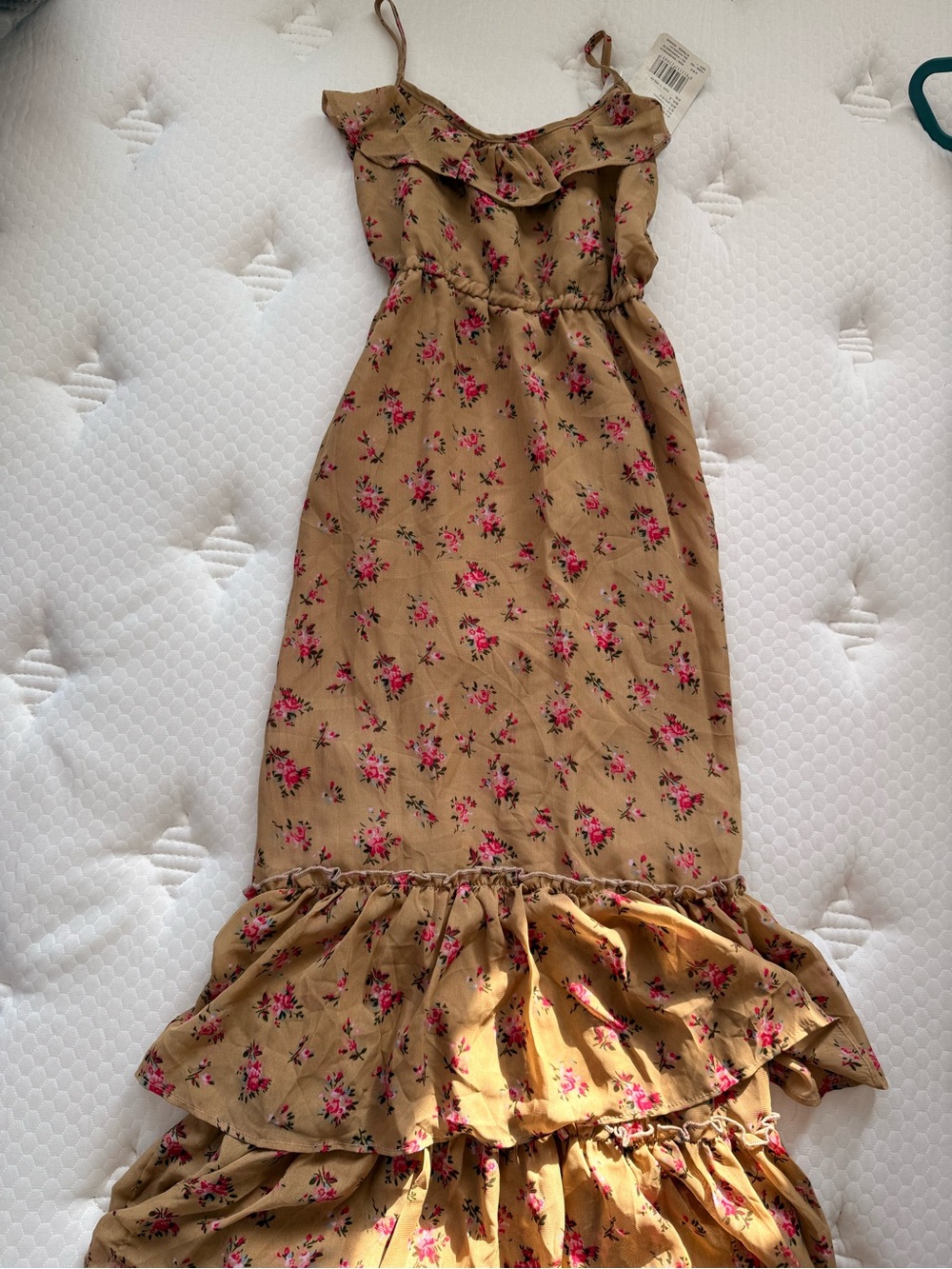 Floral Ruffle Maxi Dress in Mustard with Pink Blooms coquette fairy